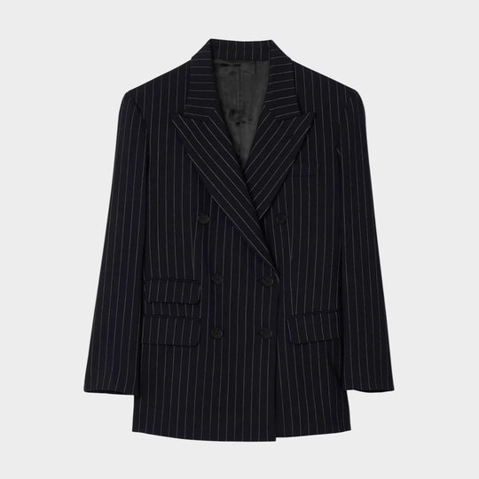 Damen Zweireihiger Nadelstreifen-Hosenanzug mit Oversize-Blazer und weitem Bundfaltenhose Nord Taschen