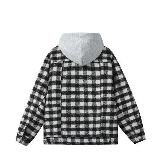 Damen Kurzblouson im Shacket‑Stil mit Karo‑Wolloptik und integrierter Sweatkapuze Nord Taschen