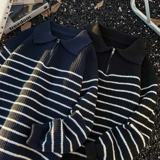 Unisex Grobgestrickter Oversize-Pullover mit halbem Reißverschluss und Polokragen Nord Taschen
