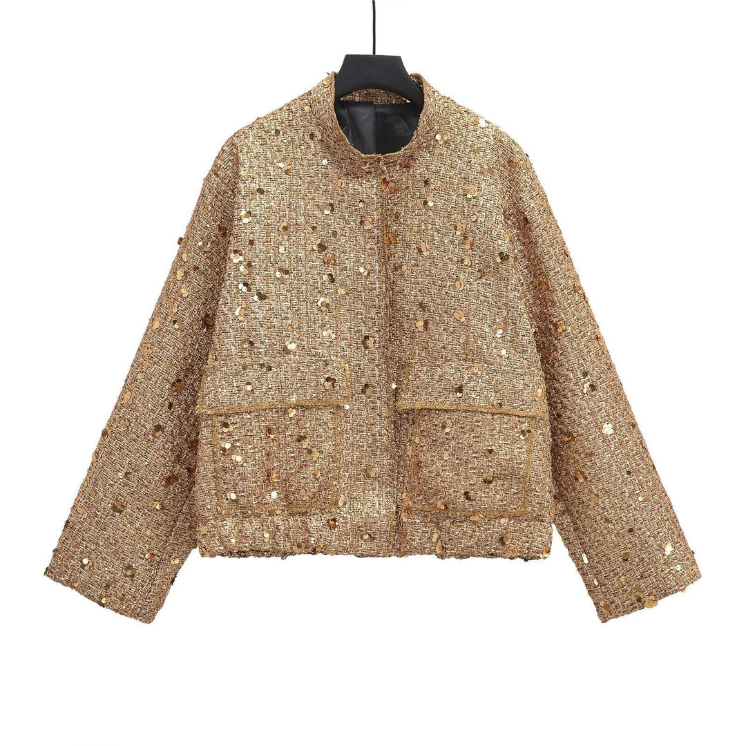 Damen verzierte Bouclé-Bomberjacke mit Pailletten und Strass Nord Taschen