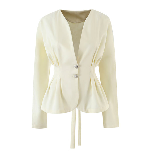 Damen Taillierter Wickelblazer mit Kellerfalten und Bindegürtel Nord Taschen