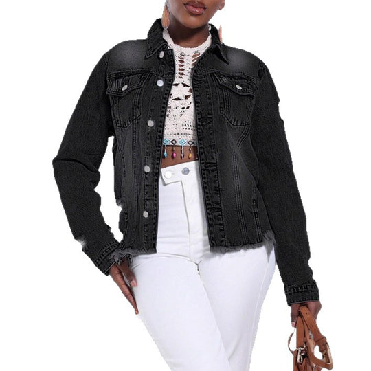 Damen Distressed Denimjacke mit ausgefranstem Saum und Relaxed-Fit Nord Taschen