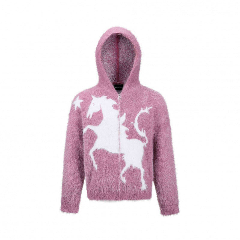Unisex Flauschiger Kapuzenpullover mit Einhorn-Motiv und durchgehendem Reißverschluss Nord Taschen