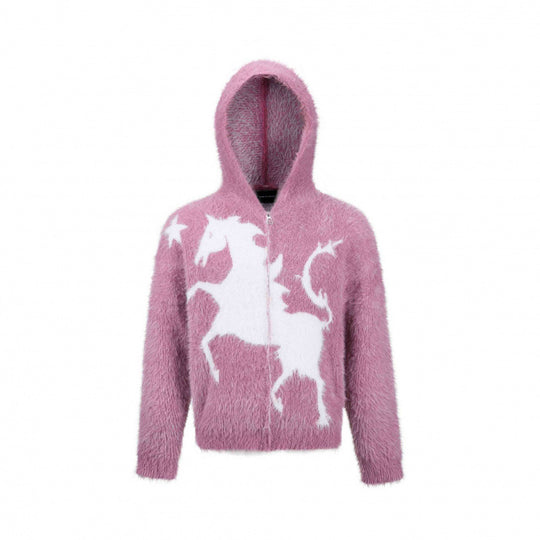 Unisex Flauschiger Kapuzenpullover mit Einhorn-Motiv und durchgehendem Reißverschluss Nord Taschen