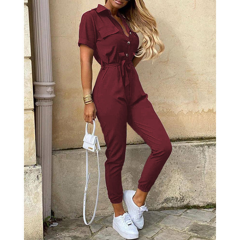 Damen Kurzarm-Utility-Overall mit Taillenbindegürtel und schmalem Joggerbein Nord Taschen