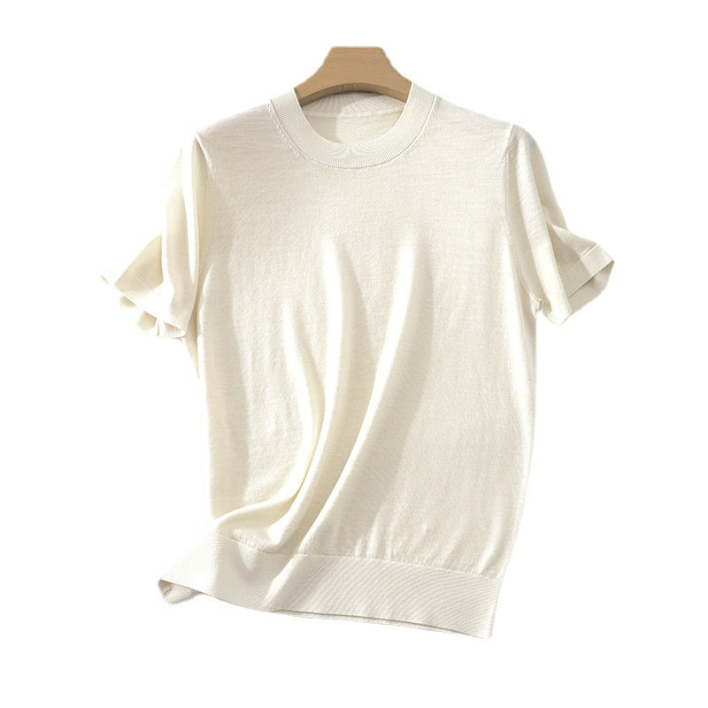 Damen Leichtes Kurzarm-Stricktop aus feinem Jersey mit Rundhals und Saumblende Nord Taschen
