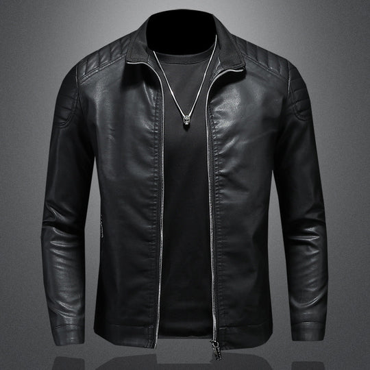 Herren schlank geschnittene Kunstleder-Motojacke mit Stehkragen und gesteppter Schulterpasse Nord Taschen