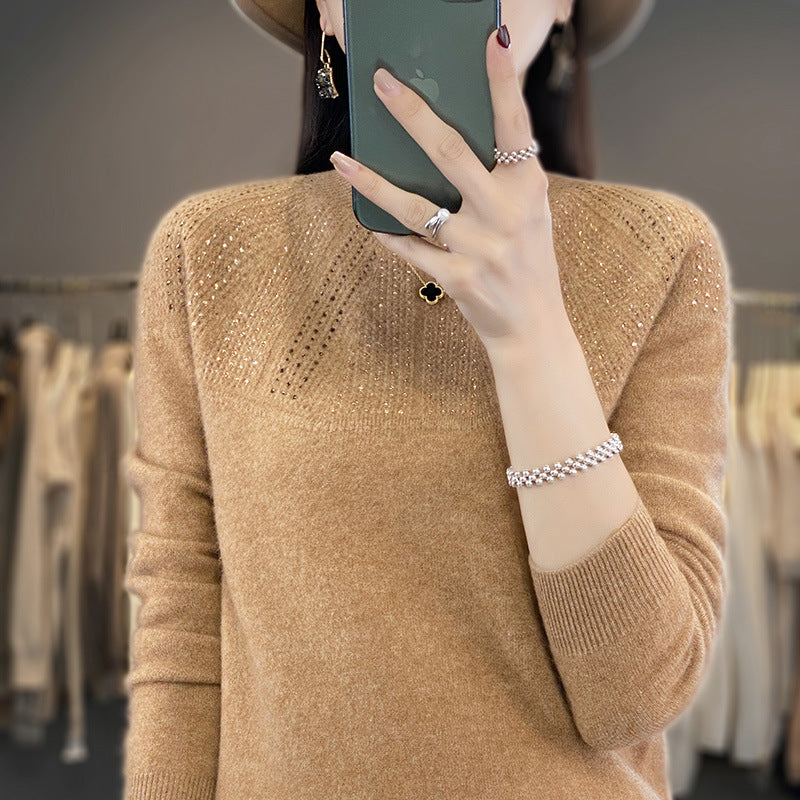 Damen Weicher Kaschmir‑Optik Feinstrickpullover mit Ajour‑Yoke und Paillettenbesatz Nord Taschen