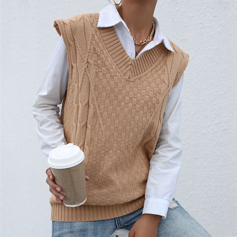 Damen Strick-Weste mit V‑Ausschnitt, Zopfmuster und lässiger Oversize-Silhouette Nord Taschen