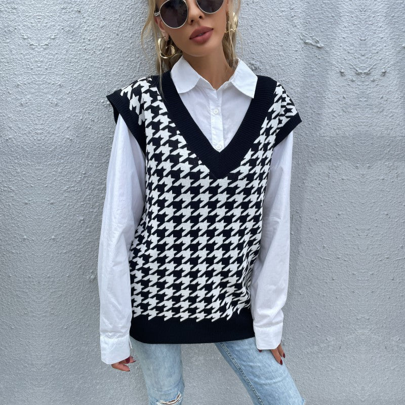 Damen Oversize Strickweste mit Hahnentrittmuster und V-Ausschnitt Nord Taschen