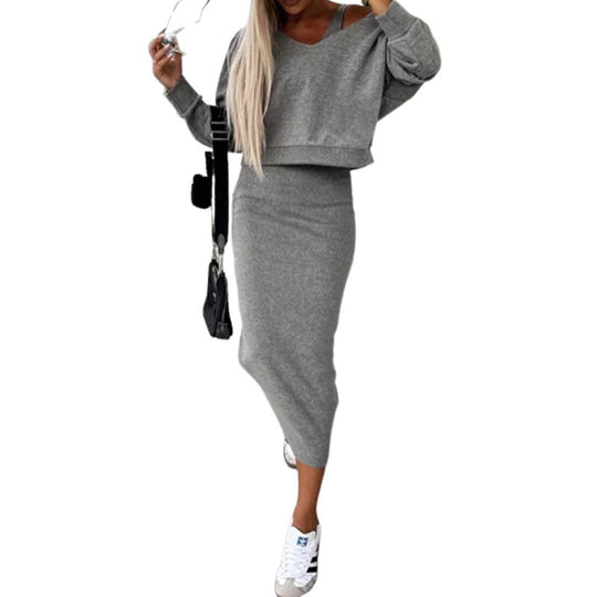 Damen Casual-Set Cropped-Sweatshirt mit Cut-Out-Trägern und High‑Waist Midirock aus Stretch-Fleece Nord Taschen