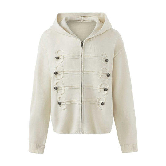 Damen Kapuzen-Strickjacke mit militärischen Zierknöpfen und Reißverschluss Nord Taschen
