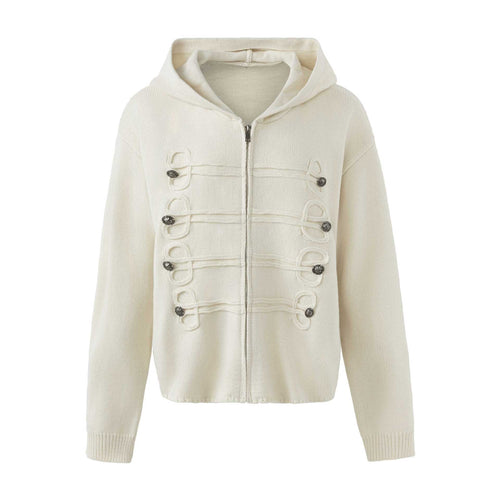 Damen Kapuzen-Strickjacke mit militärischen Zierknöpfen und Reißverschluss Nord Taschen