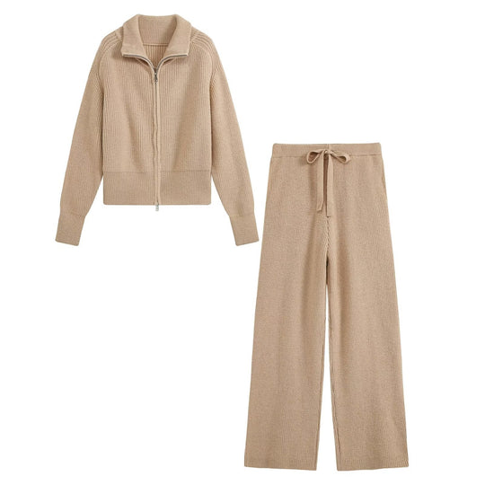 Damen Zweiteiliges Strickset mit Reißverschluss-Cardigan, Stehkragen und weitem Bein Nord Taschen