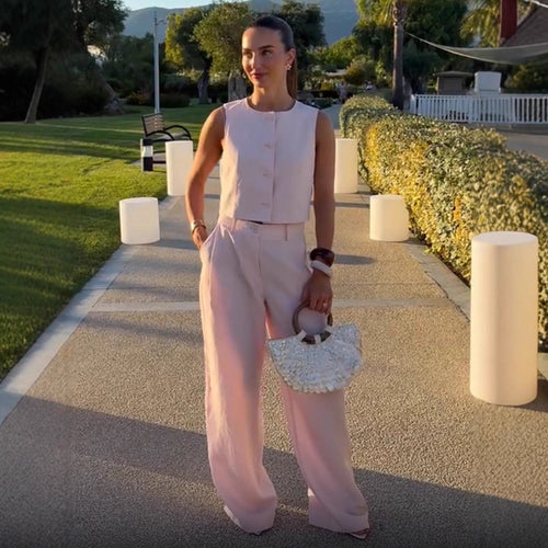 Damen Hochtaillierte weite Sommerhose mit Bügelfalte und Eingrifftaschen Nord Taschen