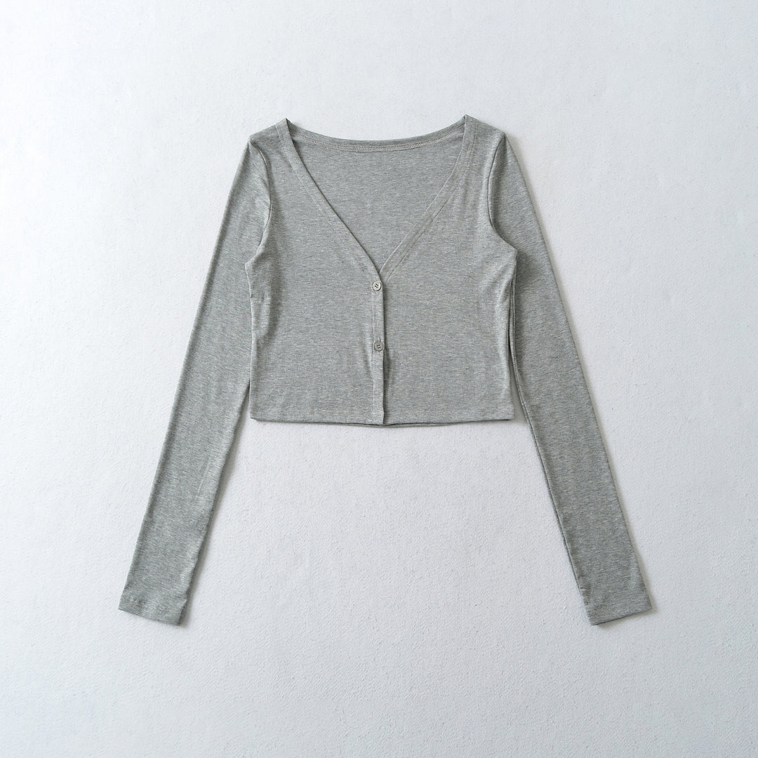 Damen Cropped Jersey-Cardigan mit tiefem V-Ausschnitt und schmaler Knopfleiste Nord Taschen