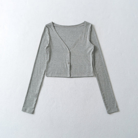 Damen Cropped Jersey-Cardigan mit tiefem V-Ausschnitt und schmaler Knopfleiste Nord Taschen