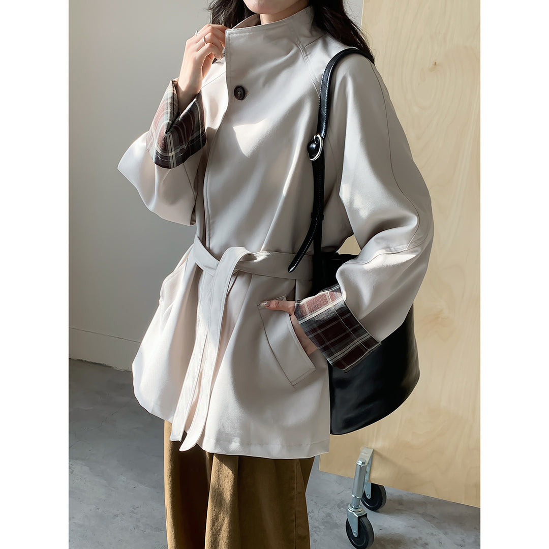 Damen Oversize Trenchcoat mit Taillengürtel und karierter Ärmelaufschlag Nord Taschen