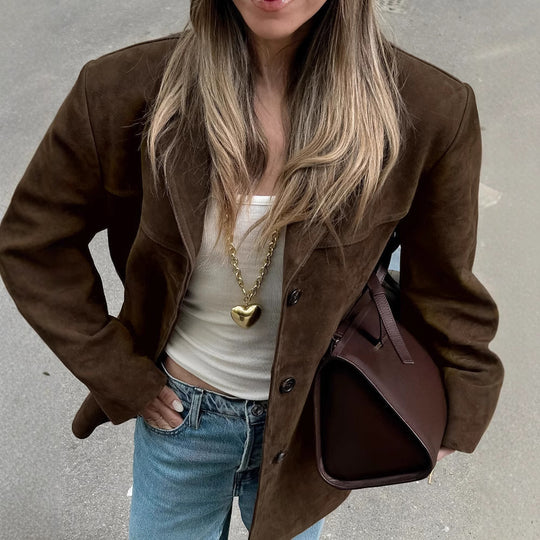Damen Oversized Veloursleder-Blazer mit Revers und Pattentaschen Nord Taschen