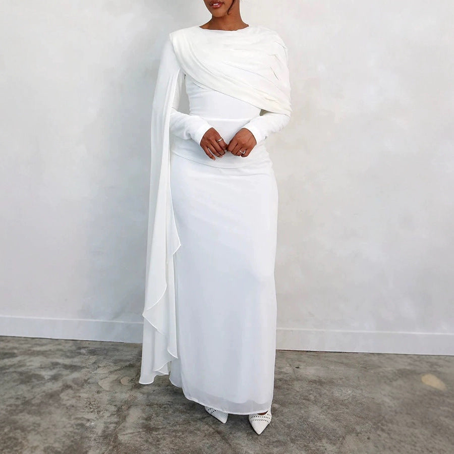 Damen Elegantes Maxi-Kleid mit drapierter Schultergestaltung und langem Arm Nord Taschen