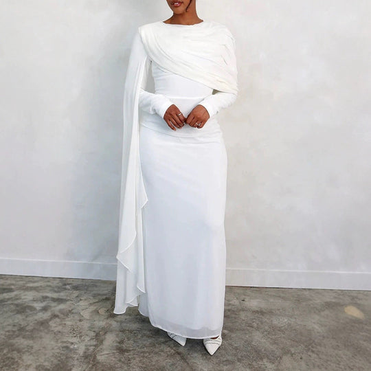 Damen Elegantes Maxi-Kleid mit drapierter Schultergestaltung und langem Arm Nord Taschen