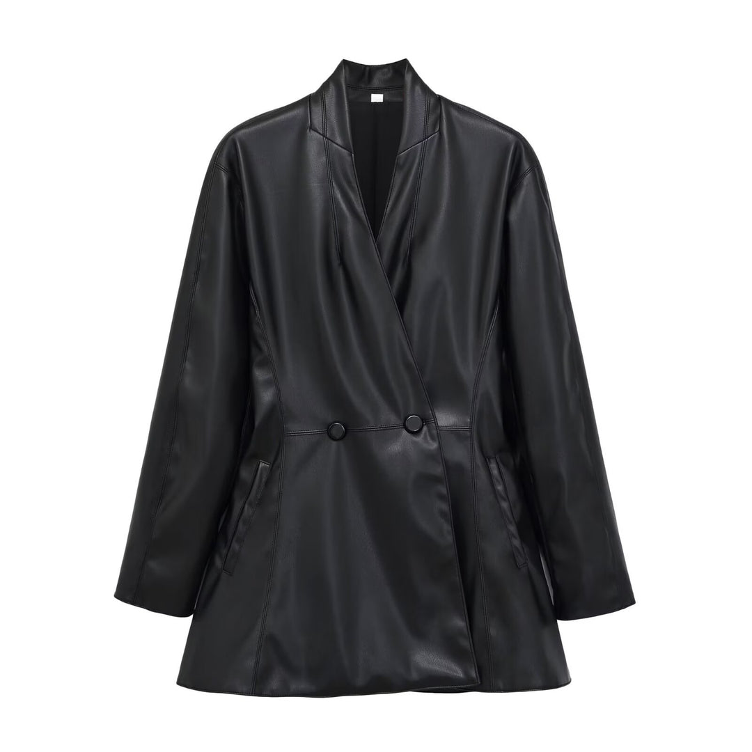 Damen Langer doppeltreihiger Blazer‑Mantel aus veganer Lederoptik mit Schalkragen Nord Taschen