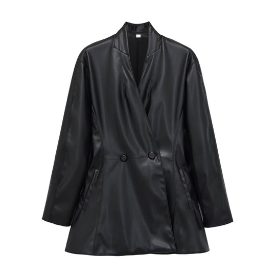 Damen Langer doppeltreihiger Blazer‑Mantel aus veganer Lederoptik mit Schalkragen Nord Taschen