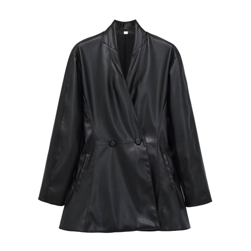 Damen Langer doppeltreihiger Blazer‑Mantel aus veganer Lederoptik mit Schalkragen Nord Taschen