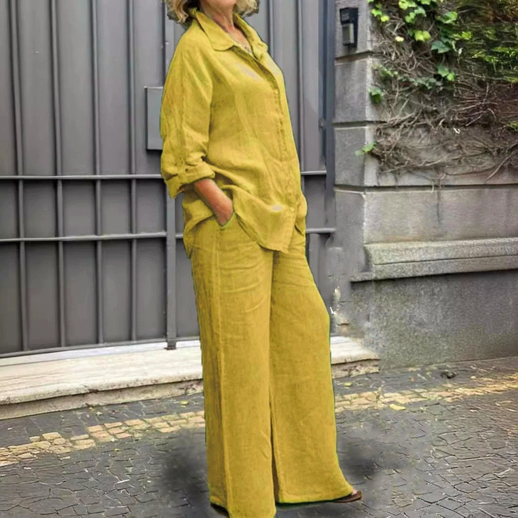Damen Entspanntes Leinen-Set mit Oversize-Hemd und weiter Palazzo-Hose Nord Taschen