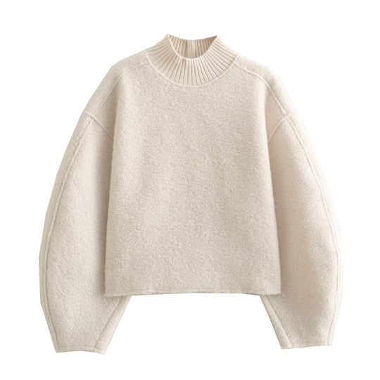 Damen Oversize Cropped Pullover mit Stehkragen und Ballonärmeln Nord Taschen