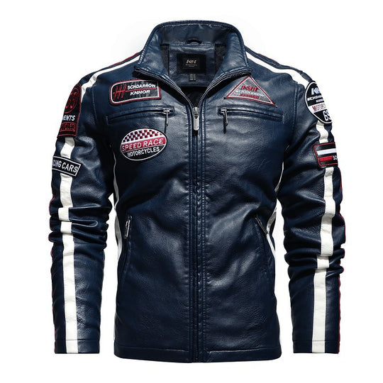 Herren Racing-Style Kunstlederjacke mit Aufnähern, Kontraststreifen und Stehkragen Nord Taschen