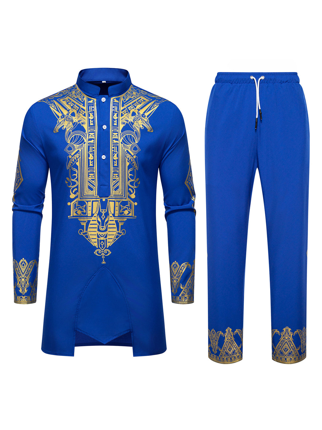 Herren Langes Tunika-Set mit Stehkragen, ägyptischer Goldprint und elastischer Joggerhose Nord Taschen