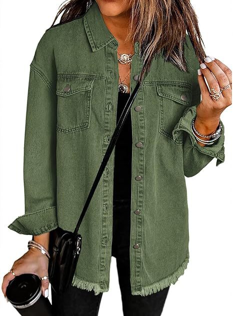 Damen Oversize Jeanshemdjacke mit Fransensaum Nord Taschen