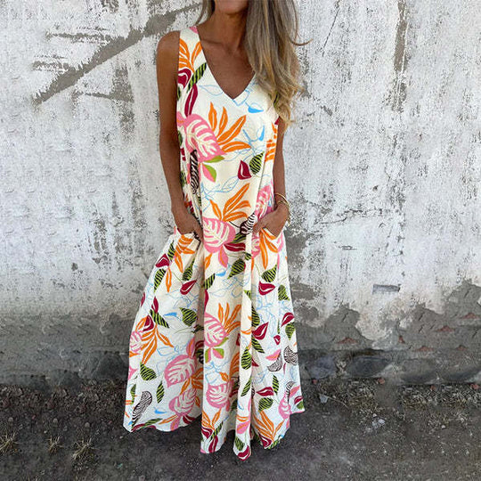 Damen luftiges Maxikleid mit floralem Muster und praktischen Taschen