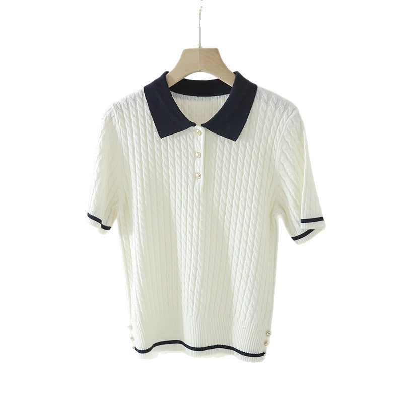 Damen Kurzarm Strickpoloshirt mit Zopfmuster und Kontrastkragen Nord Taschen