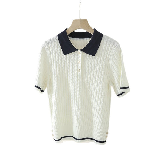 Damen Kurzarm Strickpoloshirt mit Zopfmuster und Kontrastkragen Nord Taschen