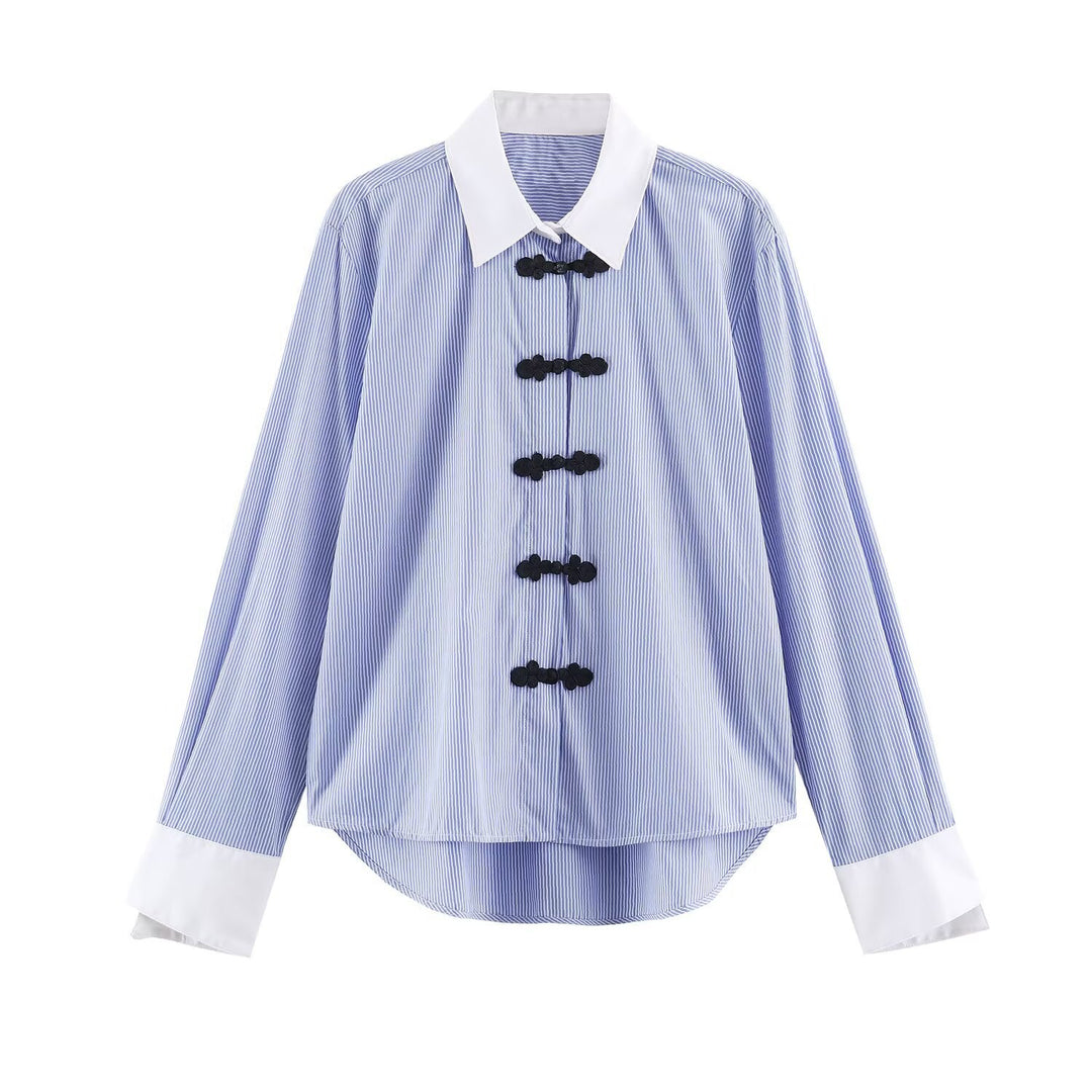 Damen Gestreifte Oversize-Bluse mit Kontrastkragen, Manschetten und Zierknotenverschlüssen Nord Taschen