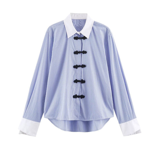 Damen Gestreifte Oversize-Bluse mit Kontrastkragen, Manschetten und Zierknotenverschlüssen Nord Taschen