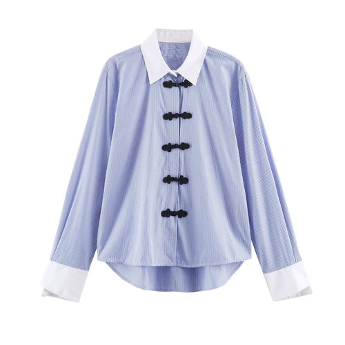 Damen Gestreifte Oversize-Bluse mit Kontrastkragen, Manschetten und Zierknotenverschlüssen Nord Taschen