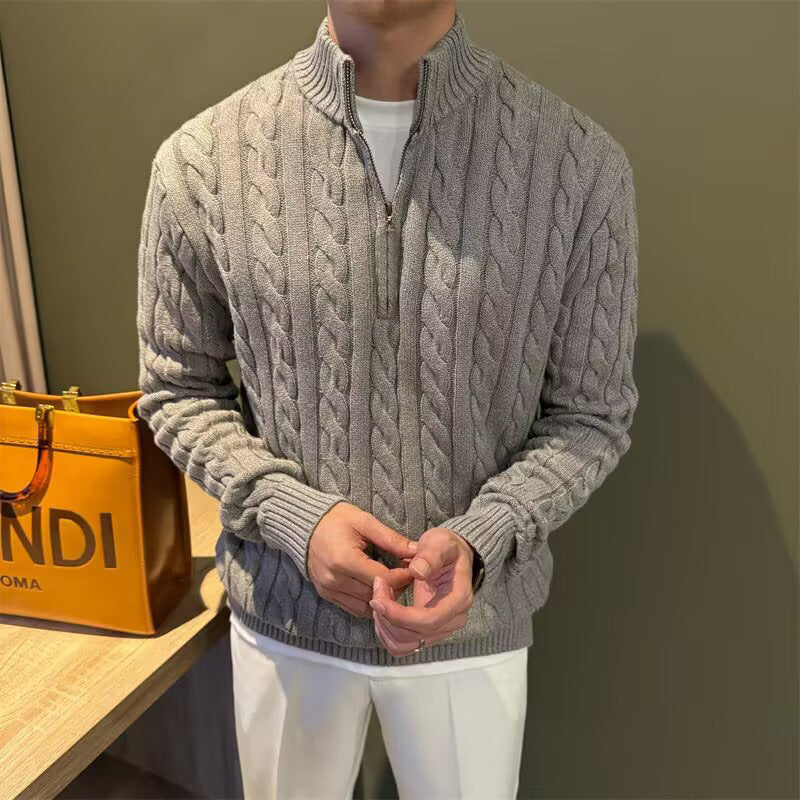 Herren Zopfstrick-Halbzip-Pullover mit Stehkragen Nord Taschen
