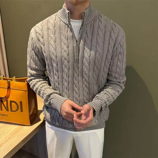 Herren Zopfstrick-Halbzip-Pullover mit Stehkragen Nord Taschen