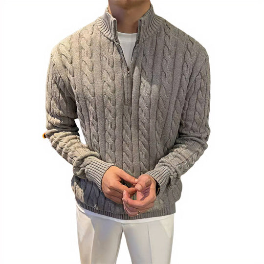 Herren Zopfstrick-Halbzip-Pullover mit Stehkragen Nord Taschen