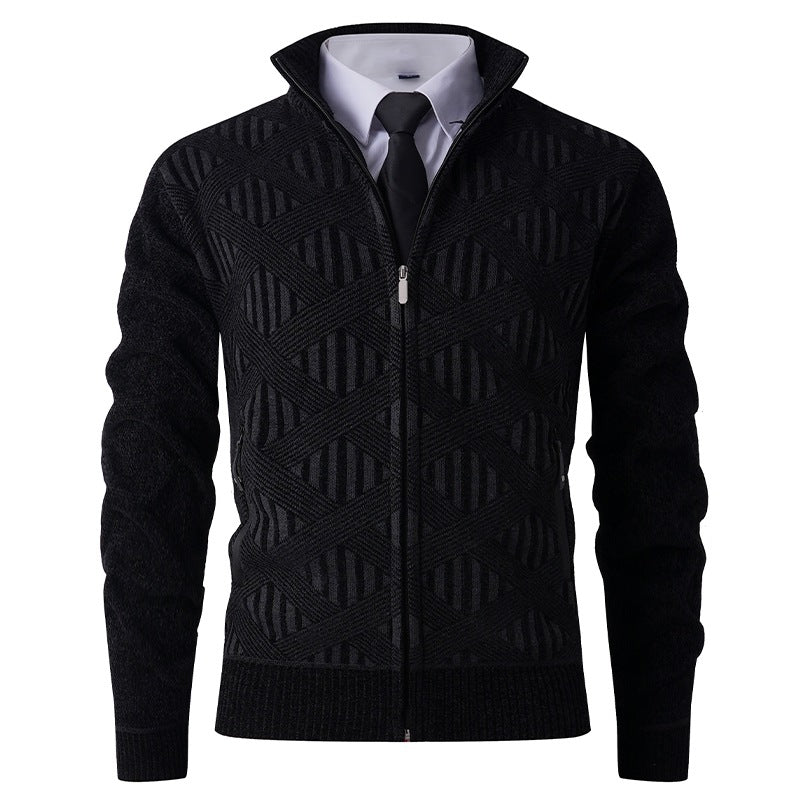 Herren Geometrischer Jacquard-Zipcardigan mit Stehkragen und Reißverschlusstaschen Nord Taschen