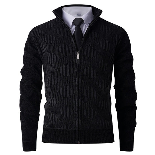 Herren Geometrischer Jacquard-Zipcardigan mit Stehkragen und Reißverschlusstaschen Nord Taschen