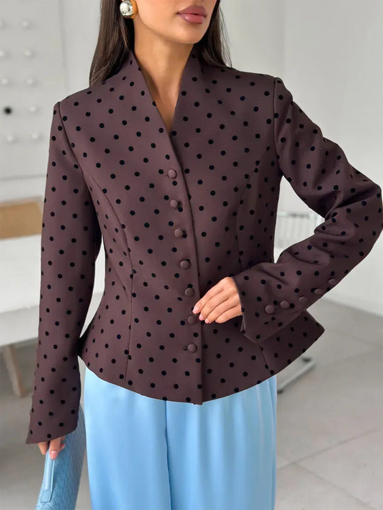 Damen Taillierter Stehkragen-Blazer mit Punktmuster und verdeckter Knopfleiste Nord Taschen