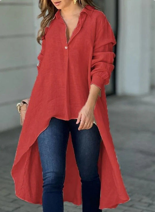 Damen Leichte Leinen‑Tunika‑Bluse mit asymmetrischem High‑Low‑Schwanz und Hemdkragen Nord Taschen