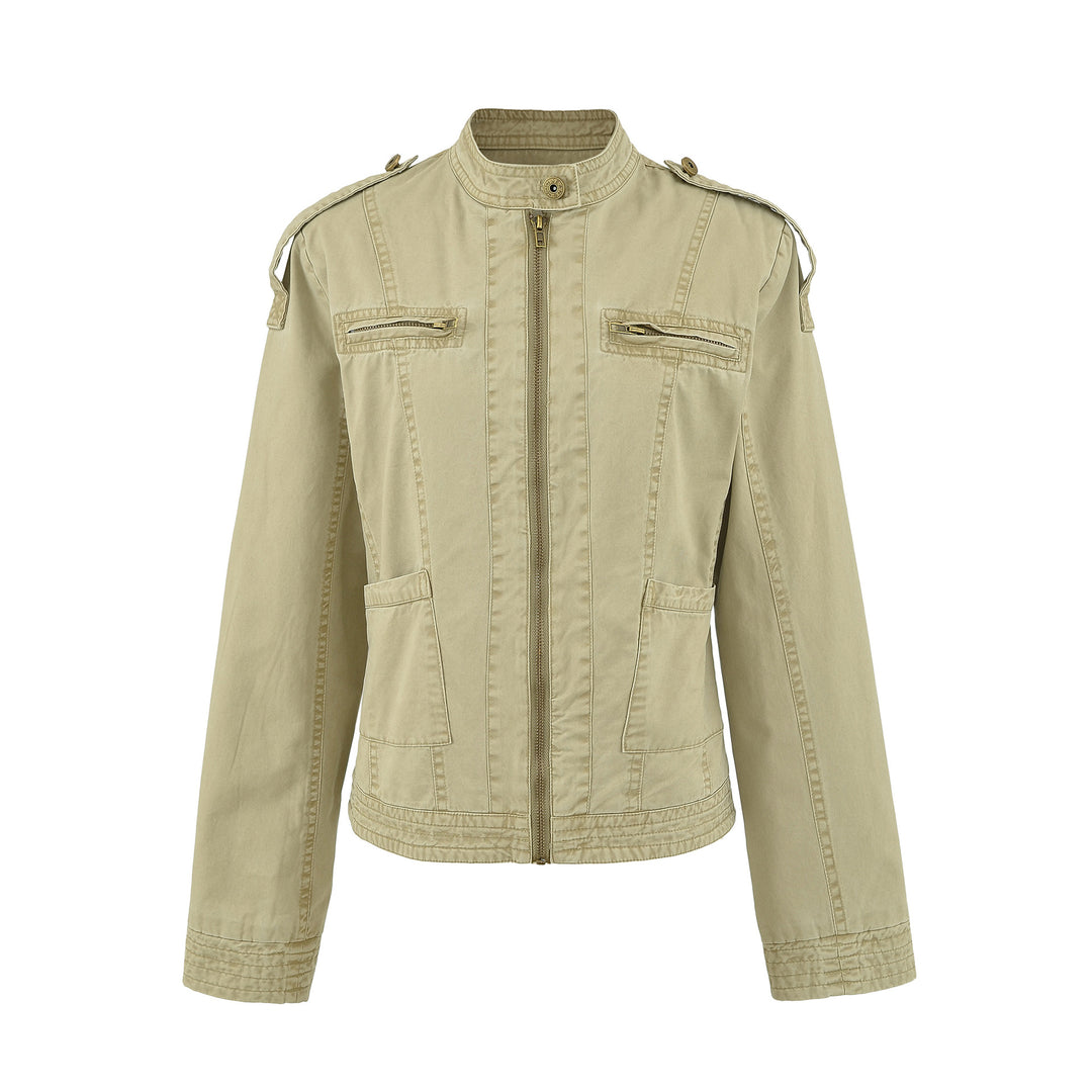 Damen Fieldjacke mit Stehkragen, Schulterklappen und goldfarbenen Reißverschlüssen Nord Taschen