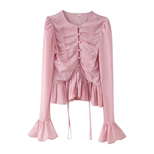 Damen Rüschenbluse mit Kordelzug, Volant-Saum und Glockenärmeln Nord Taschen