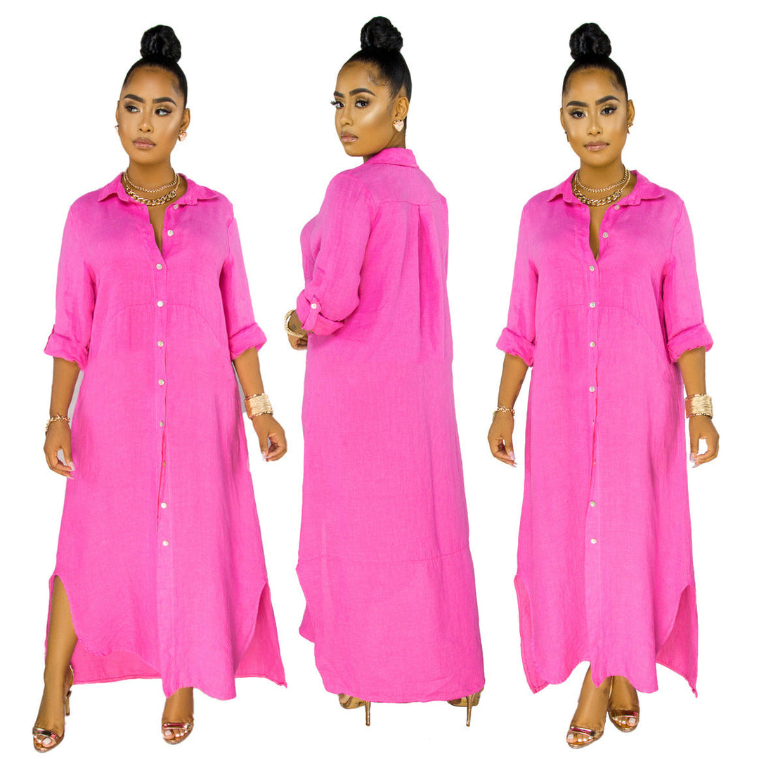 Damen lässiges Hemdkleid mit seitlichen Schlitzen und langfristiger Passform