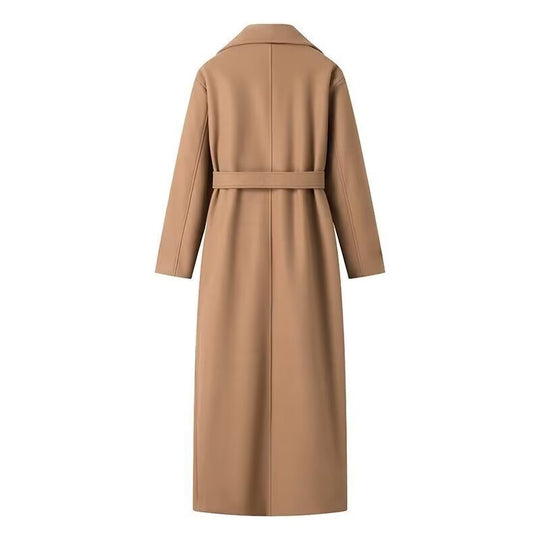Damen Maxilanger zweireihiger Trenchcoat aus Wollmix mit Bindegürtel und Schulterklappe Nord Taschen